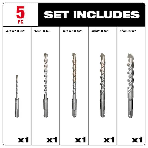 2-Cutter SDS-PLUS Carbide Hammer Drill Bit Set (5-Piece) - View 3
