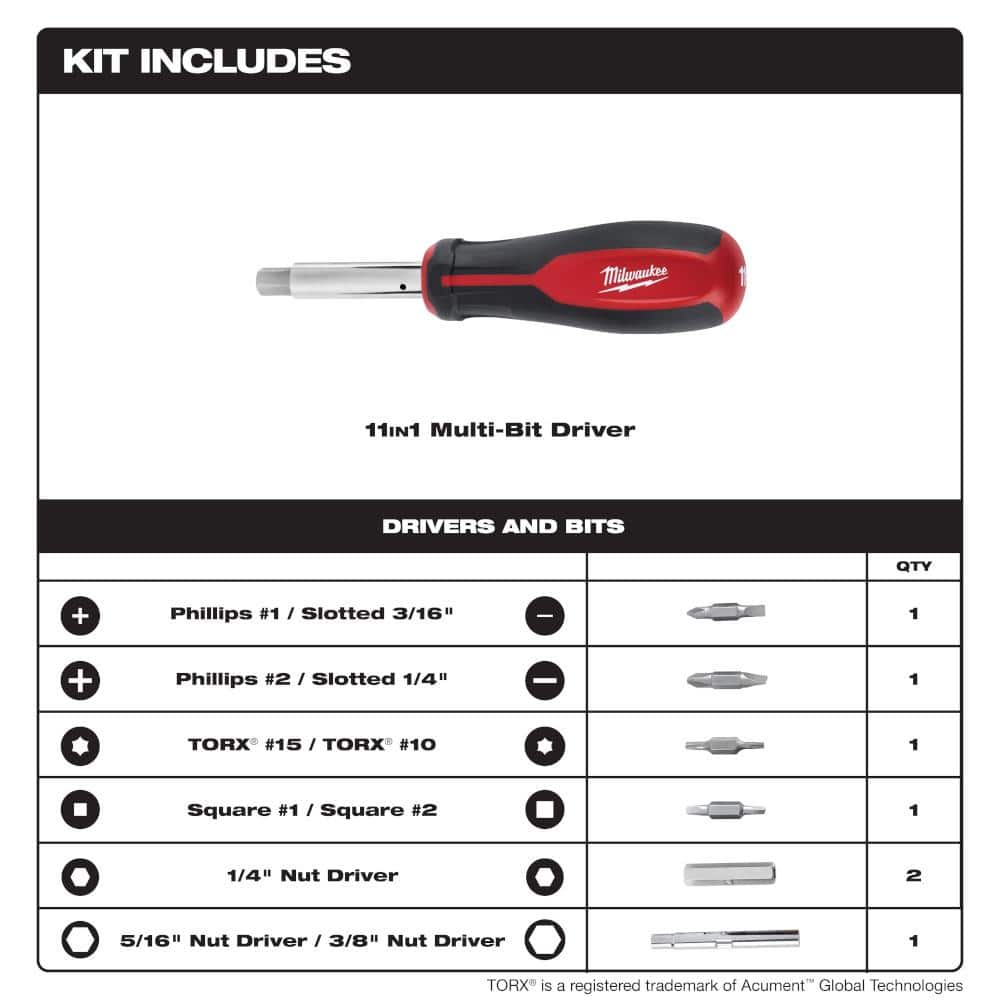 11-in-1 Multi-Tip Combination Screwdriver with Square Drive Bits - View 2