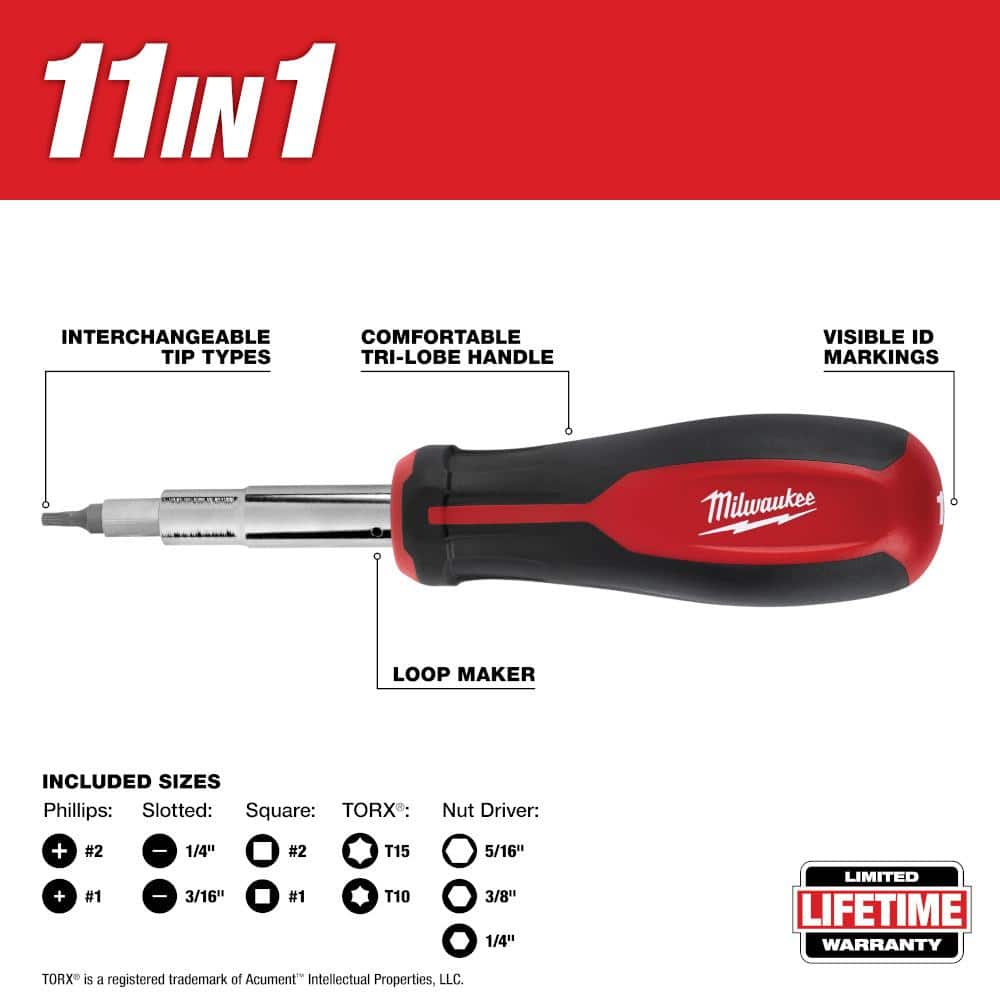 11-in-1 Multi-Tip Combination Screwdriver with Square Drive Bits - View 3