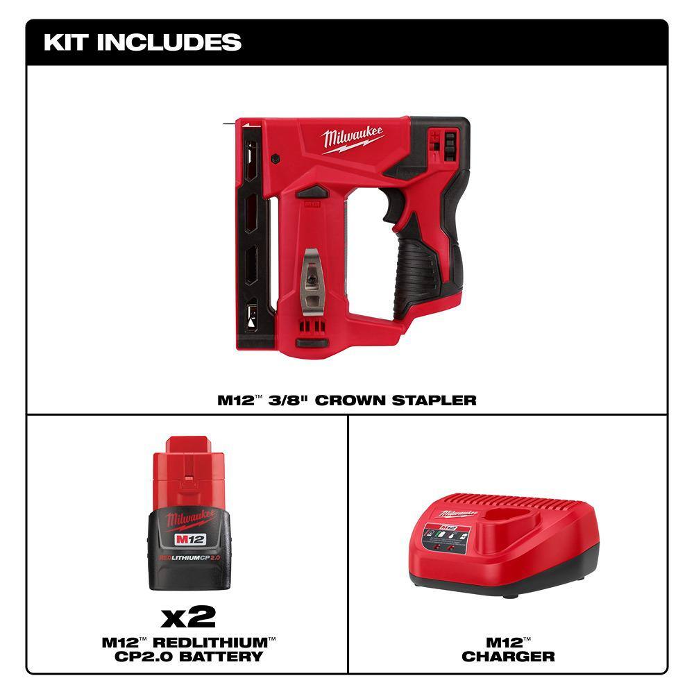 M12 12-Volt Lithium-Ion Cordless 3/8 in. Crown Stapler with M12 Compact 2.0 Ah - View 2