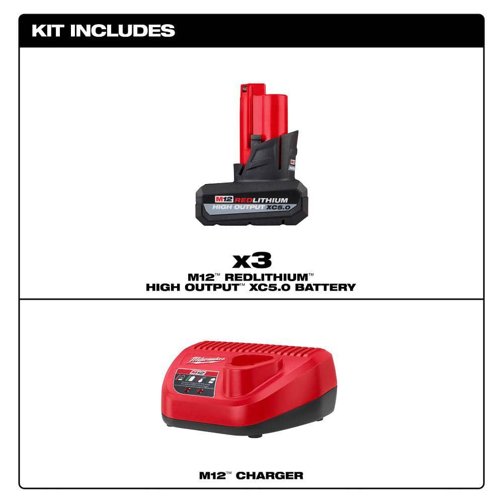 M12 12V Lithium-Ion XC High Output 5.0 Ah Battery Pack (3-Pack) with Charger - View 2
