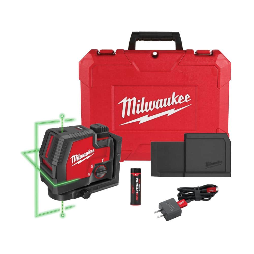 Green 100 ft. Cross Line and Plumb Points Rechargeable Laser Level with