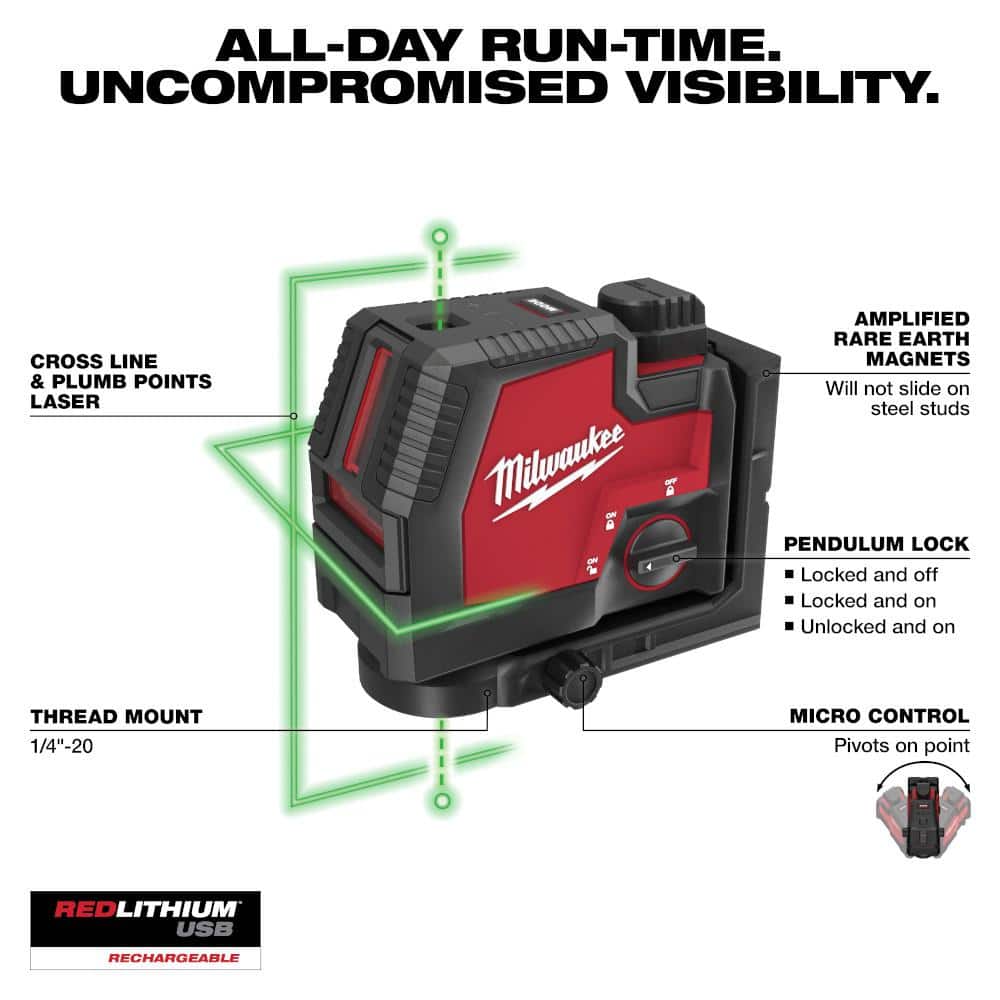 Green 100 ft. Cross Line and Plumb Points Rechargeable Laser Level with - View 2