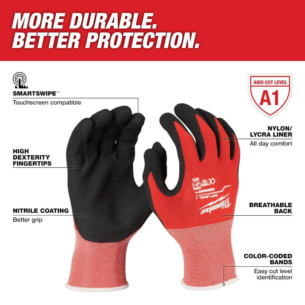 Large Red Nitrile Level 1 Cut Resistant Dipped Work Gloves - View 2
