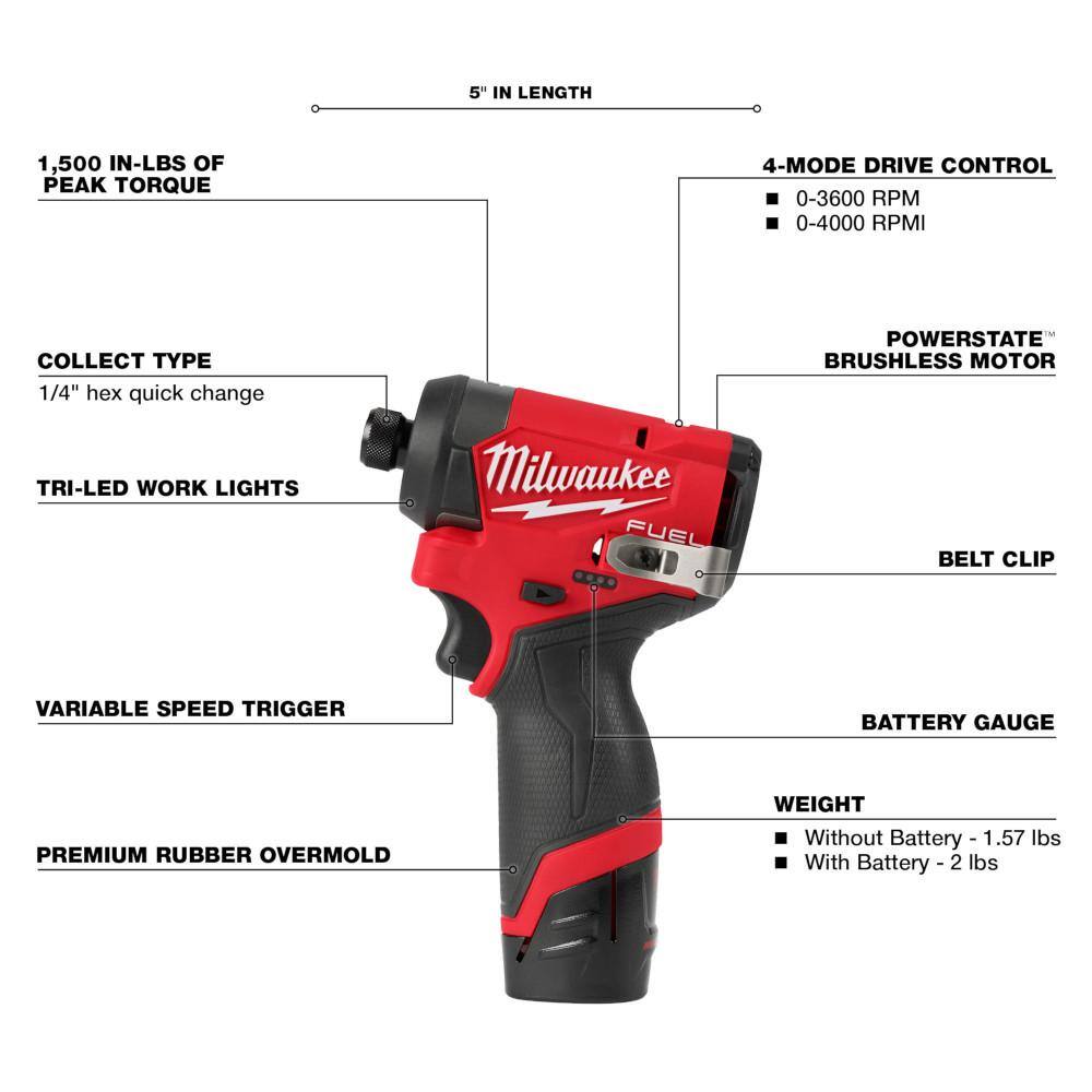 M12 FUEL 12V Lithium-Ion Brushless Cordless 1/4 in. Hex Impact Driver Kit w/Two - View 4