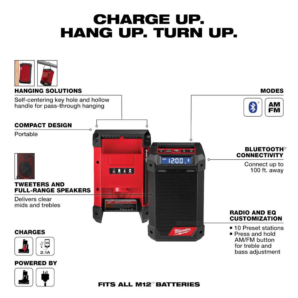 M12 12V Lithium-Ion Cordless Bluetooth/AM/FM Jobsite Radio with M12 12V - View 2