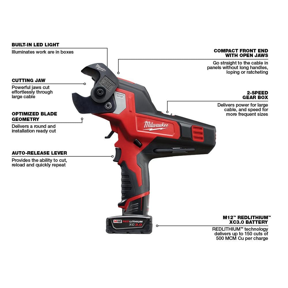 M12 12V Lithium-Ion Cordless 600 MCM Cable Cutter Kit with One 3.0Ah Battery, - View 5