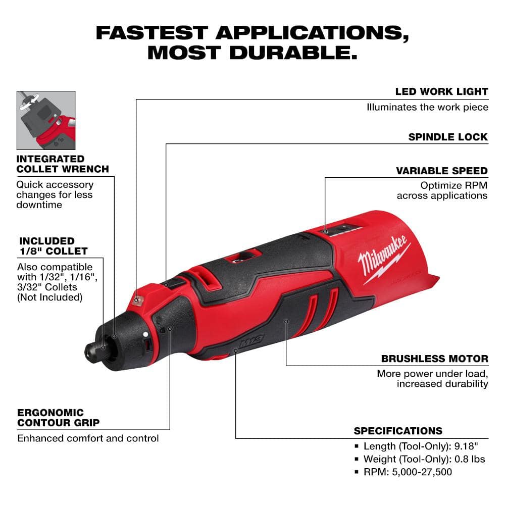 M12 12V Lithium-Ion Cordless Brushless Rotary Tool with (1) 2.0 Ah Battery Pack - View 3