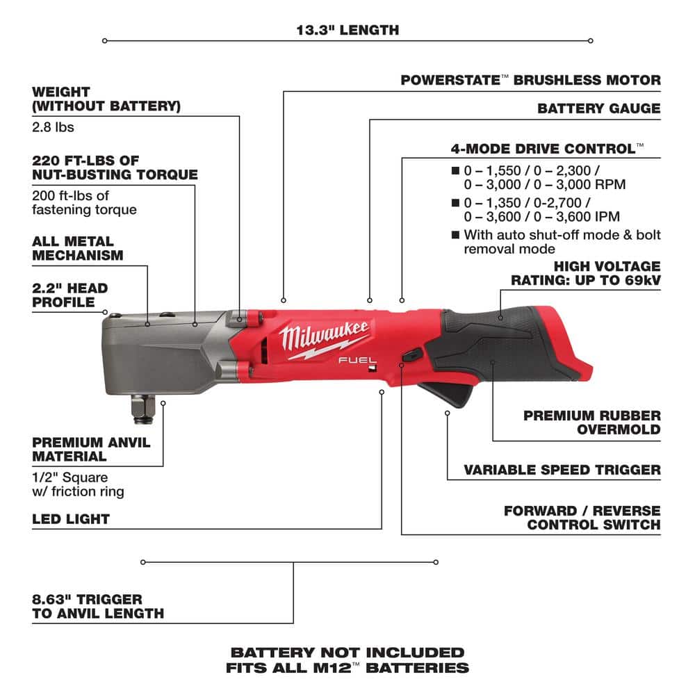 M12 FUEL 12V Lithium-Ion Brushless Cordless 1/2 in. Right Angle Impact Wrench - View 2