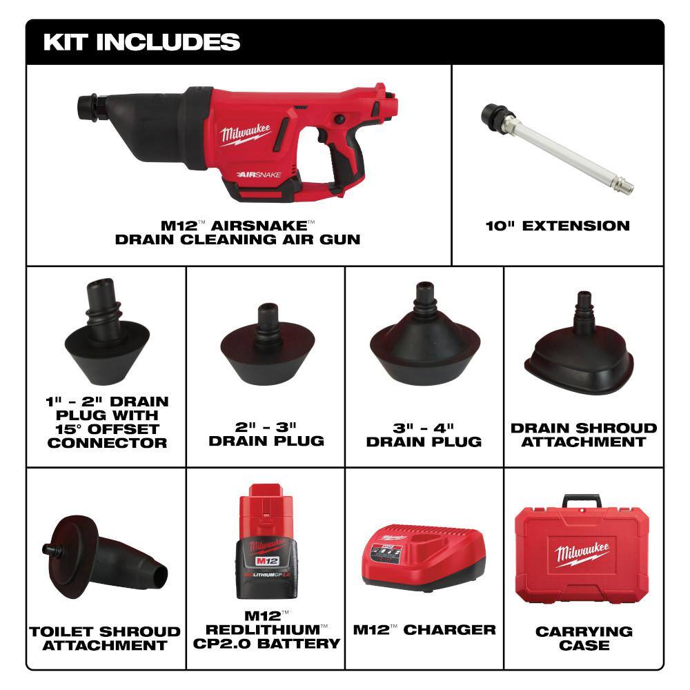 M12 12-Volt Lithium-Ion Cordless Drain Cleaning Airsnake Air Gun Kit with (1) - View 2