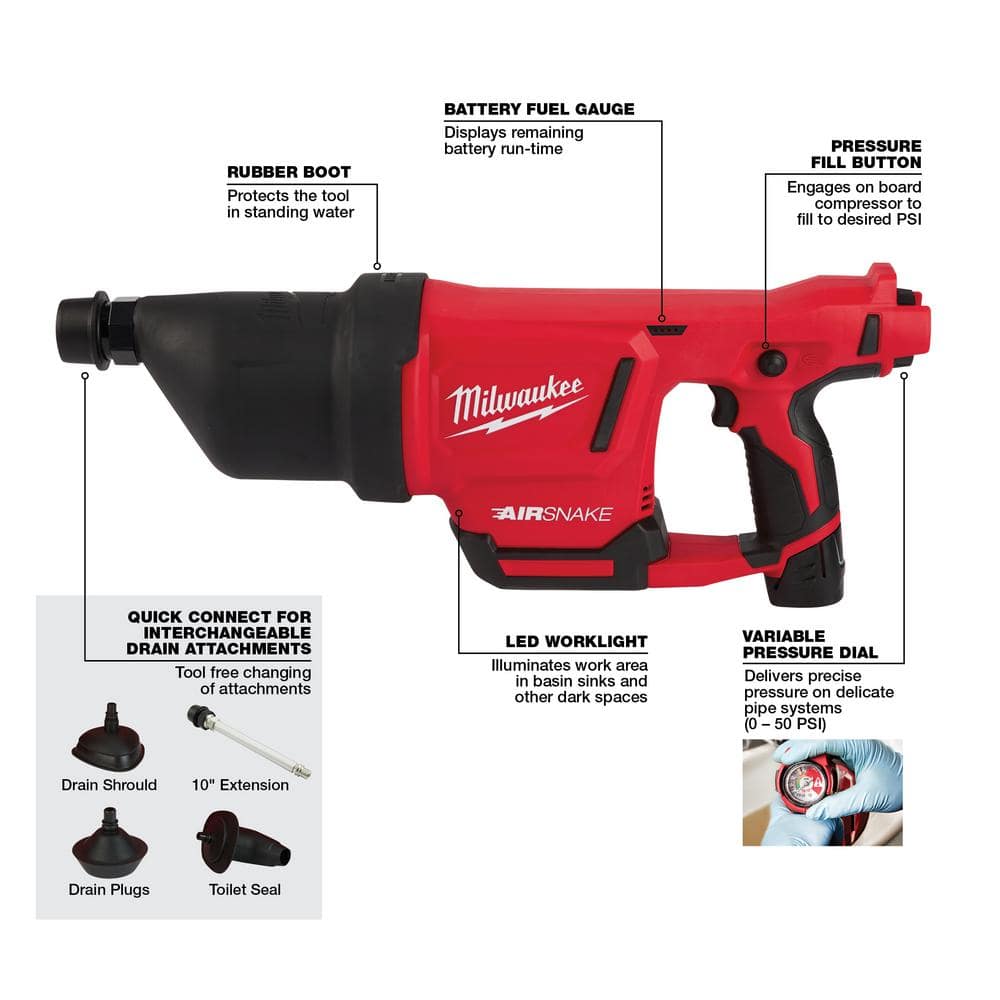 M12 12-Volt Lithium-Ion Cordless Drain Cleaning Airsnake Air Gun Kit with (1) - View 4
