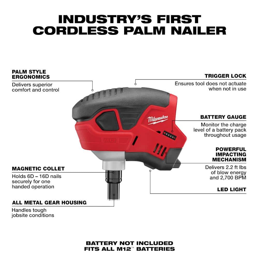 M12 12-Volt Lithium-Ion Cordless Palm Nailer (Tool-Only) - View 2