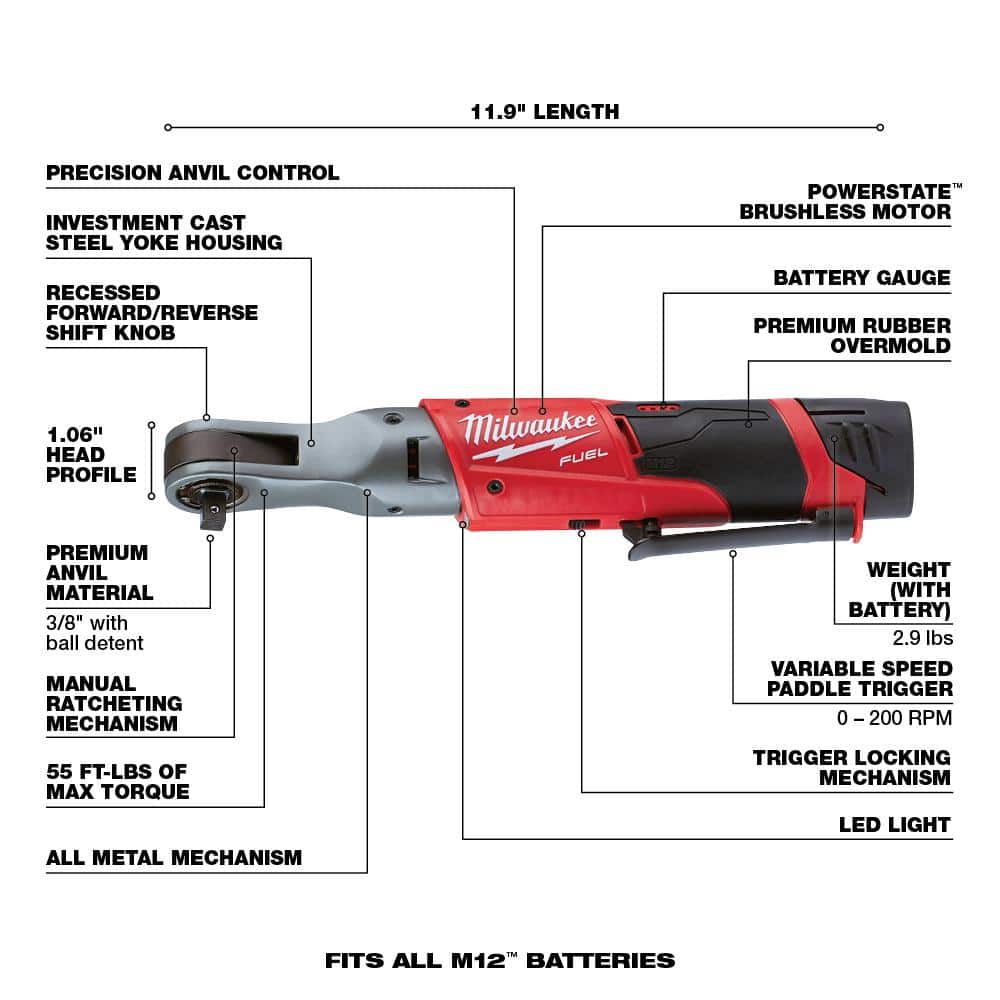 M12 FUEL 12V Lithium-Ion Brushless Cordless 3/8 in. Ratchet Kit with (2) 2.0Ah - View 4