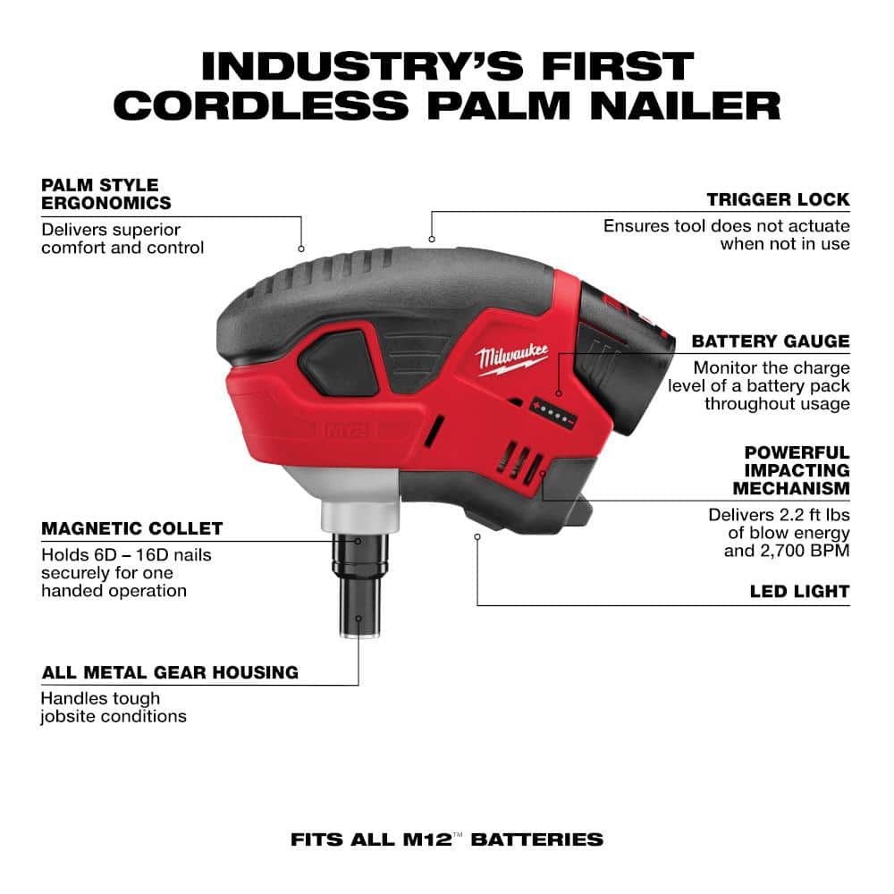 M12 12-Volt Lithium-Ion Cordless Palm Nailer Kit with One 1.5Ah Battery, - View 5