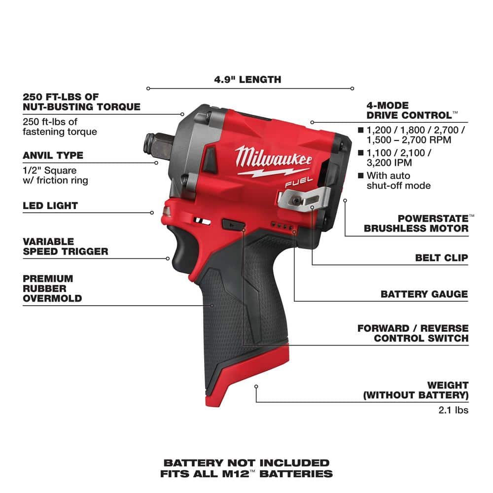 M12 FUEL 12V Lithium-Ion Brushless Cordless Stubby 1/2 in. Impact Wrench - View 3