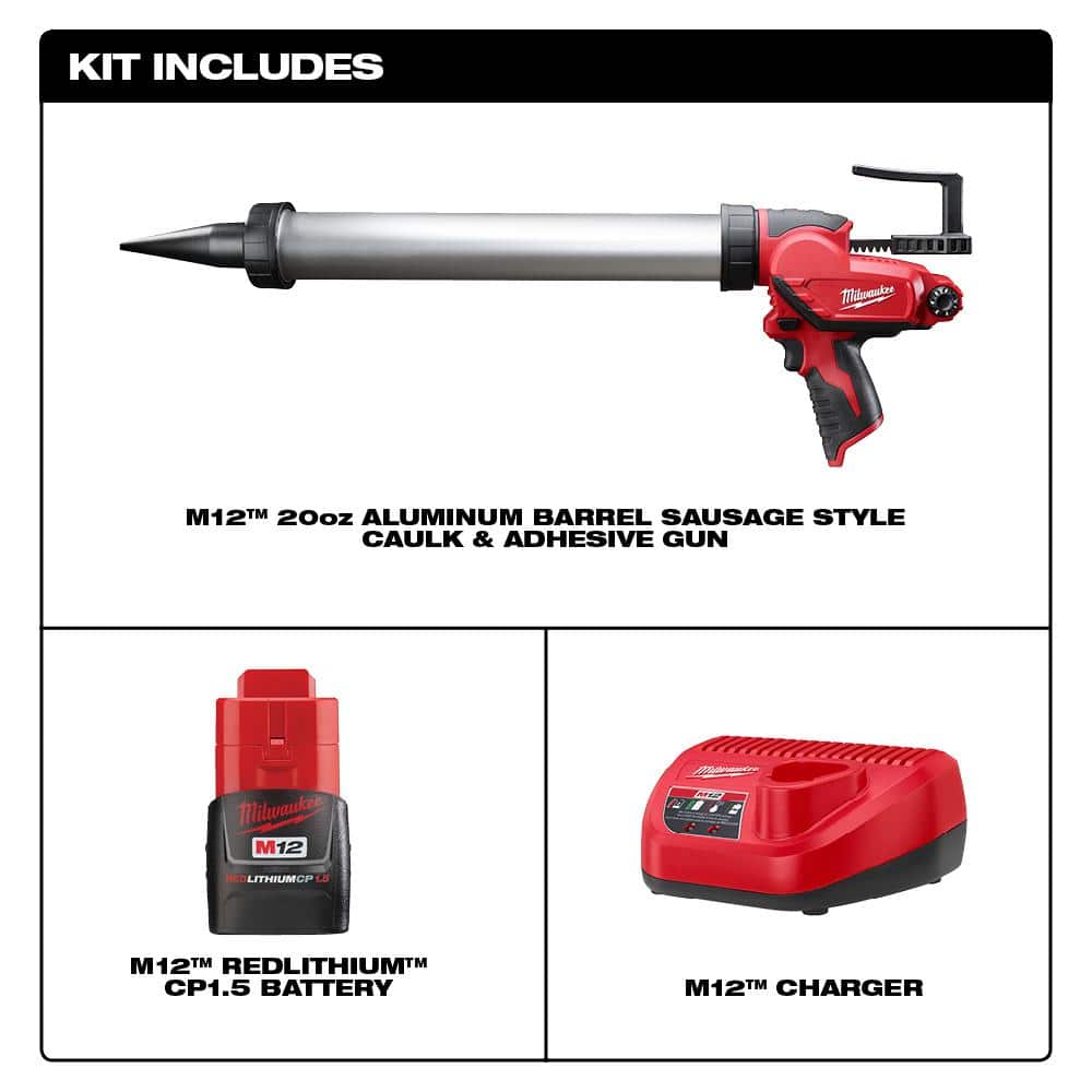 M12 12V Lithium-ion Cordless 20 oz. Aluminum Barrel Adhesive and Caulk Gun Kit - View 2