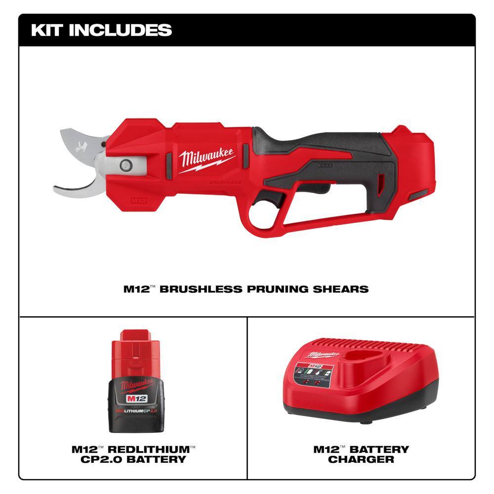 M12 12V Cordless Brushless Pruner Shears Kit W/ 2.0 Ah Battery & Charger - View 3