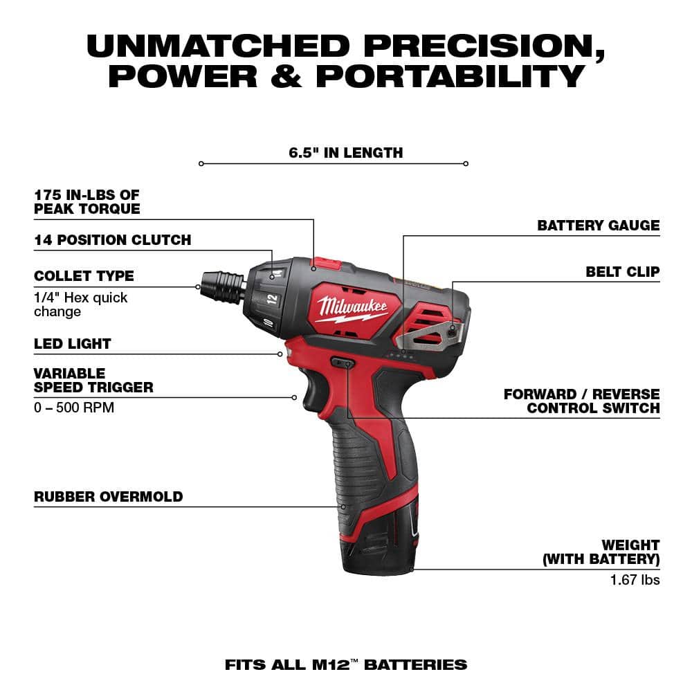 M12 12V Lithium-Ion Cordless 1/4 in. Hex Screwdriver Kit with SHOCKWAVEDriver - View 2