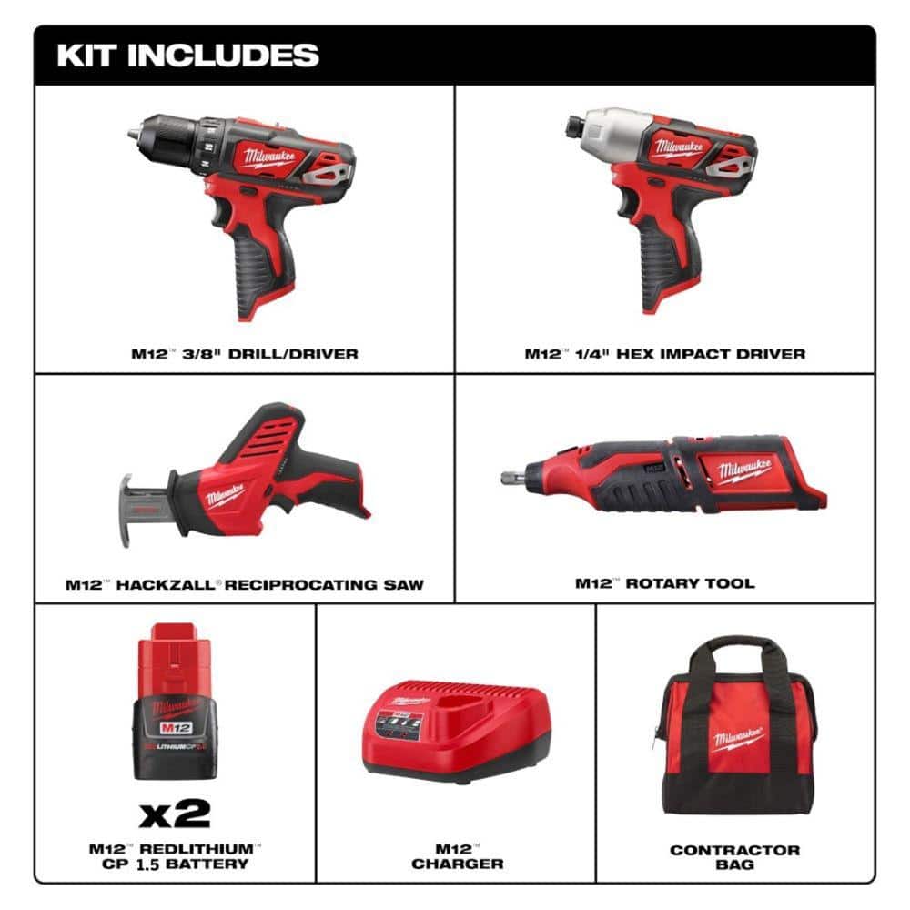 M12 12V Lithium-Ion Cordless 4-Tool Combo Kit with (2) Compact 1.5Ah Batteries - View 2