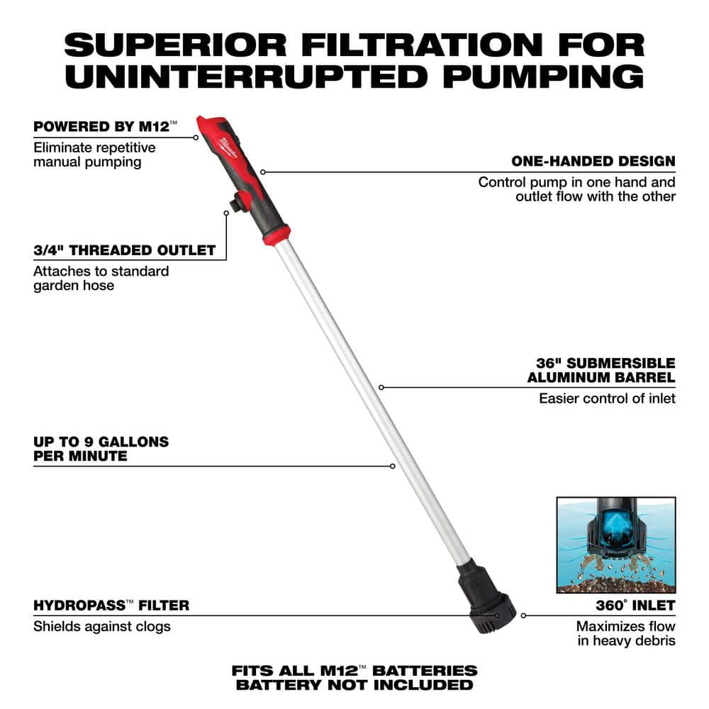 M12 12-Volt Lithium-Ion Cordless 9 GPM 0 hp. Submersible Stick Water Transfer - View 5