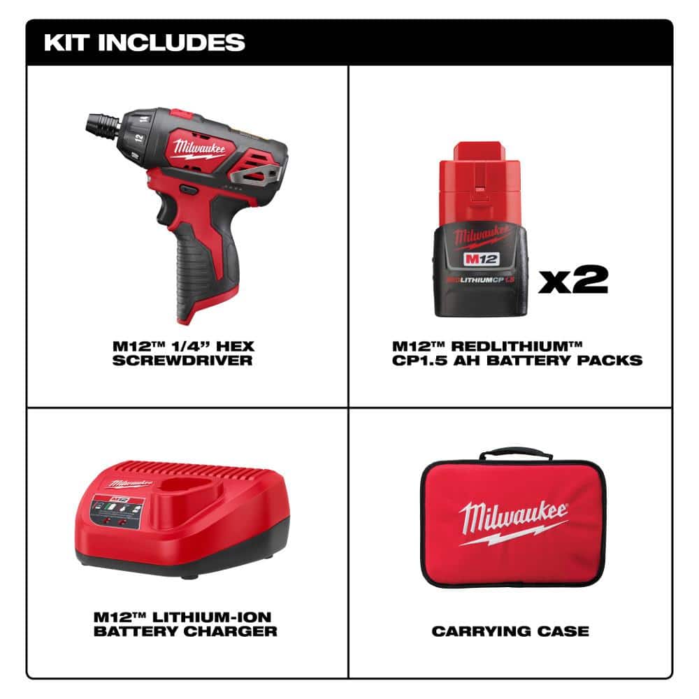 M12 12V Lithium-Ion Cordless 1/4 in. Hex Screwdriver Kit with Two 1.5Ah - View 2
