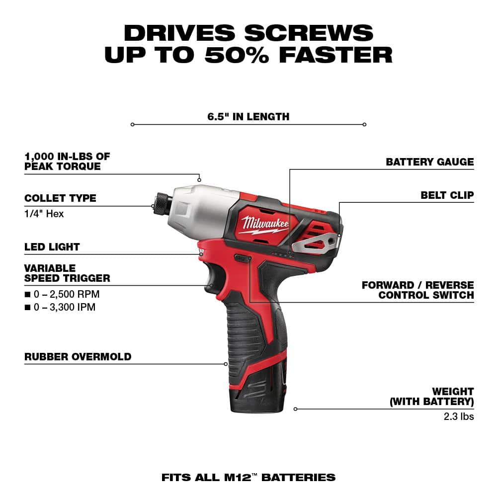 M12 12V Lithium-Ion Cordless Drill Driver/Impact Driver Combo Kit w/Two 1.5Ah - View 3