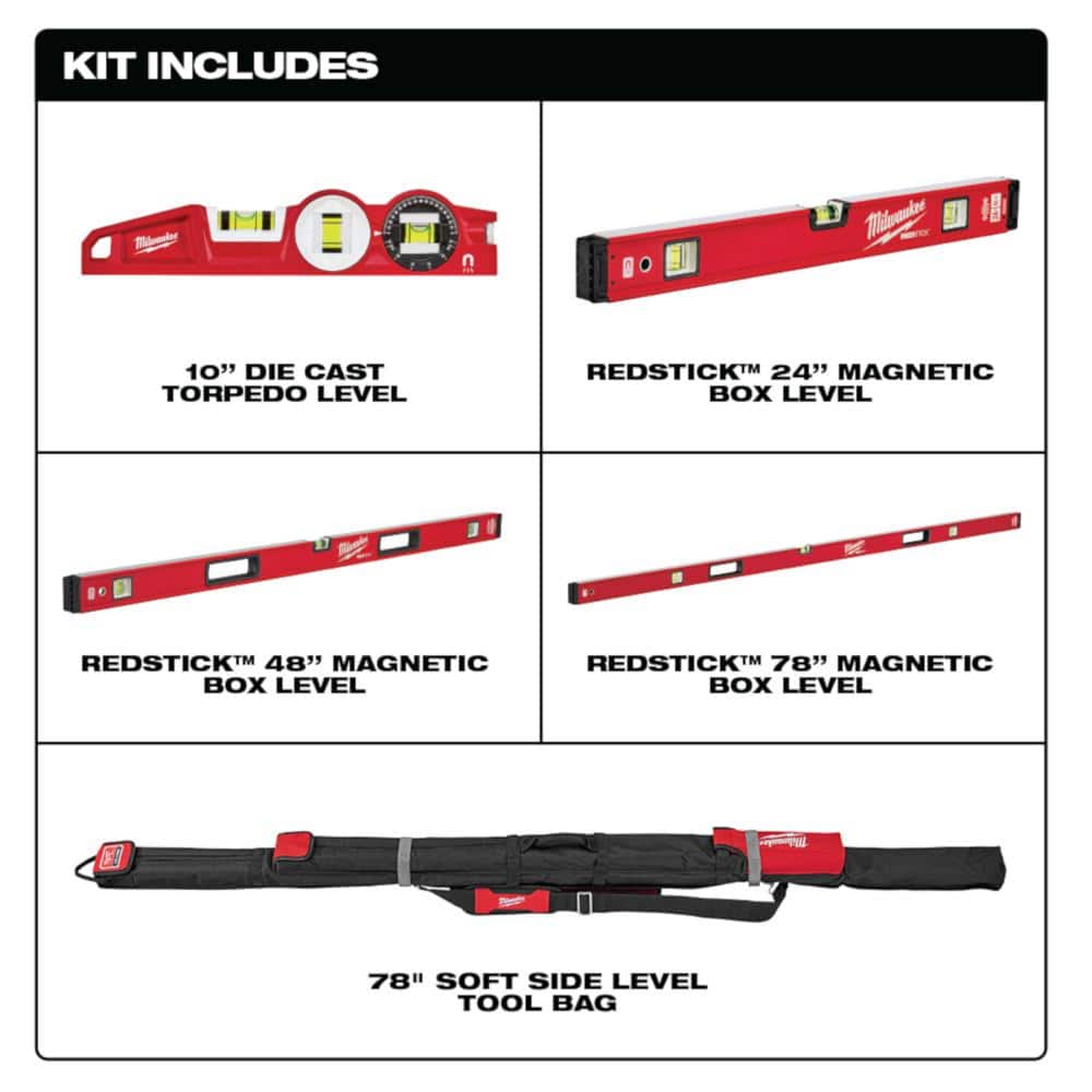 10 in. /24 in. /48 in. /78 in. REDSTICK Magnetic Box and Torpedo Level Set - View 2