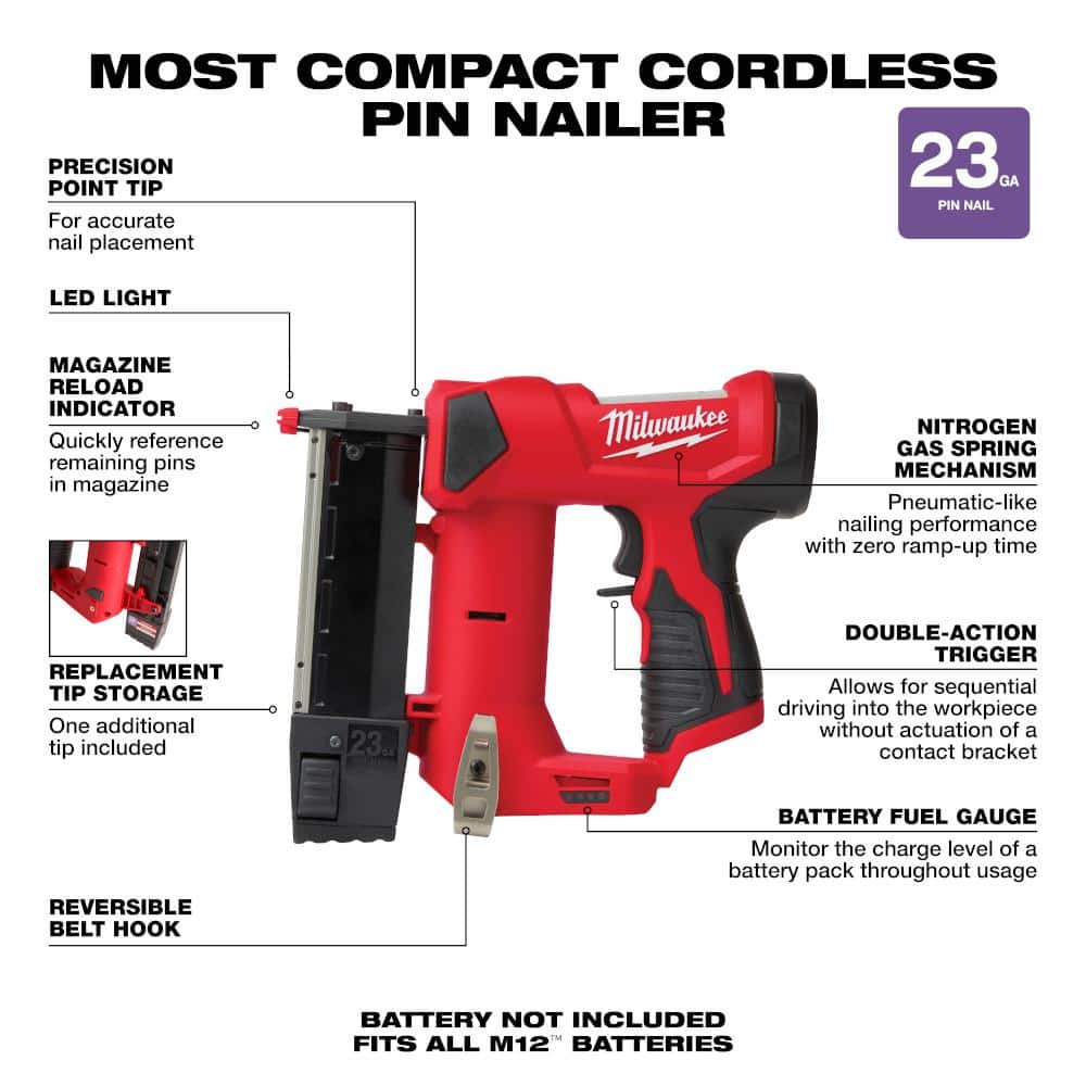 M12 12-Volt 23-Gauge Lithium-Ion Cordless Pin Nailer (Tool-Only) - View 3