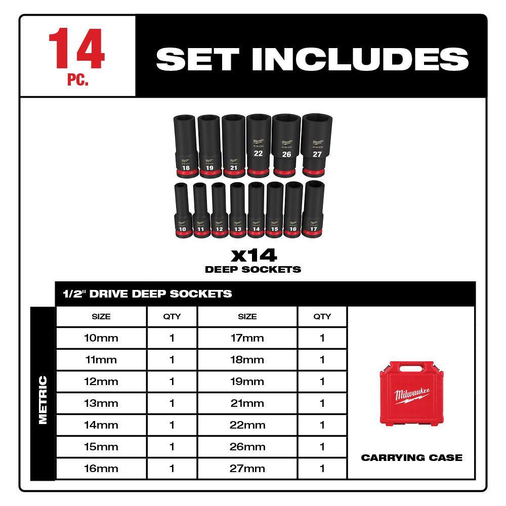 SHOCKWAVE 1/2 in. Drive Metric Deep Well 6 Point Impact Socket Set (14-Piece) - View 3